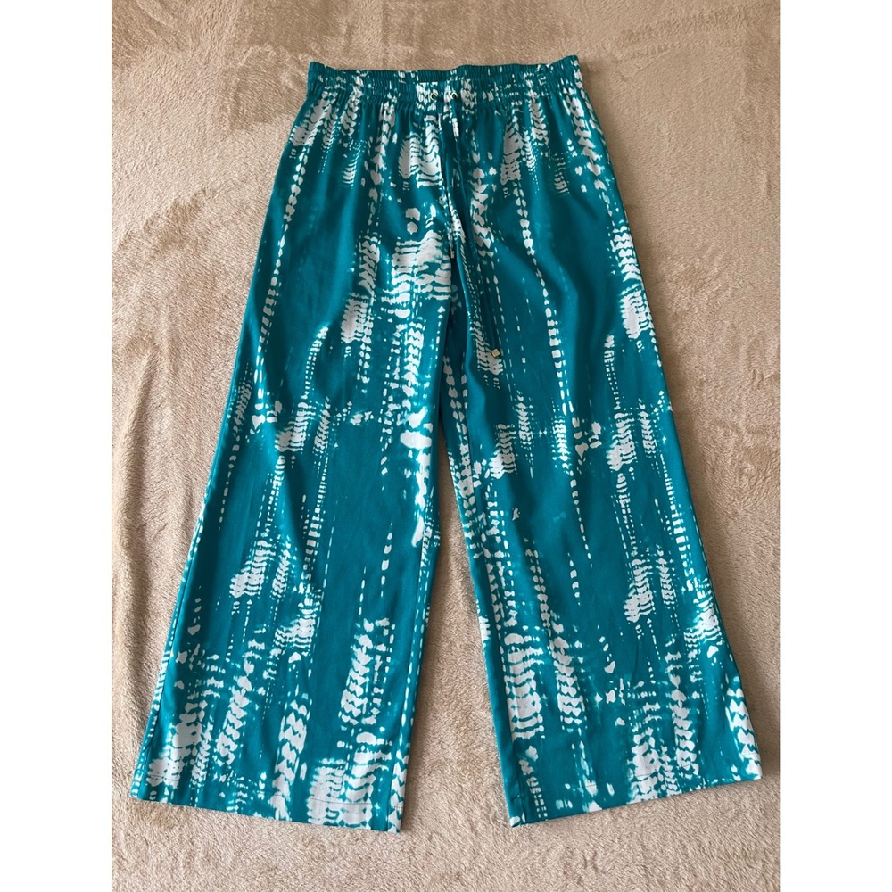 Calvin Klein Teal White Tie Dye Wide Leg Pants Drawstring Elastic Waist Small